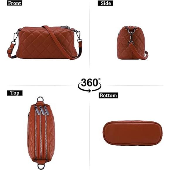 NEW Rust Quilted Crossbody Bag Triple Zipper Vegan Leather Shoulder Purse - Picture 4 of 6